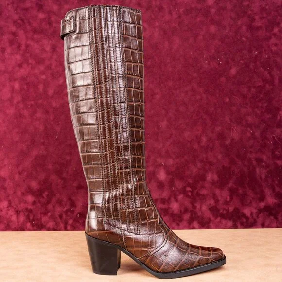 Ganni Women Croc Print Brown Leather Western Tall Fashion Boots sz 7.5US EUR38 - Picture 4 of 10